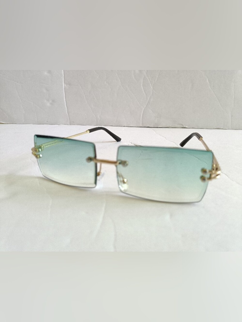 Rimless Gradient Square Sunglasses Gold Frame Green and Purple Lenses - Picture 3 of 9